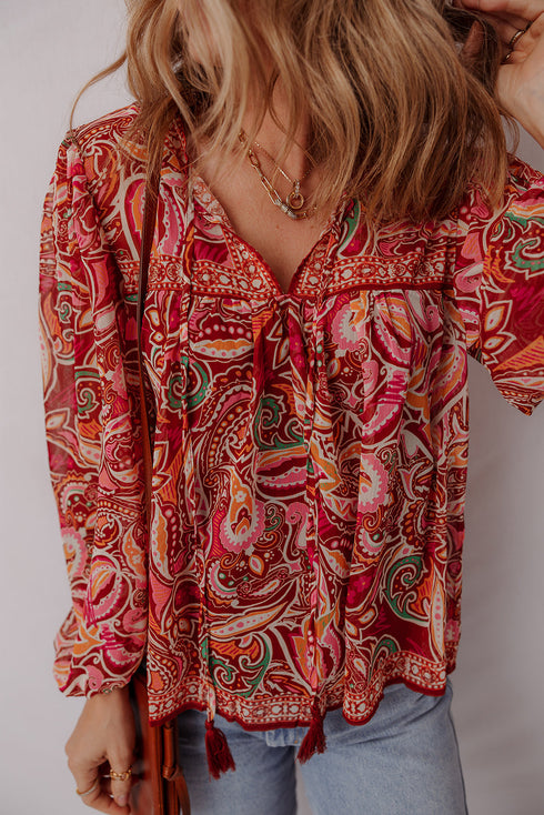 Boho Wanderlust Paisley Puff Sleeve Tassel Tie Blouse