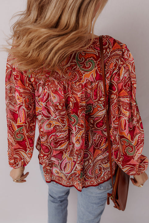 Boho Wanderlust Paisley Puff Sleeve Tassel Tie Blouse