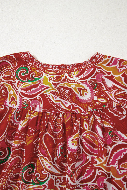 Boho Wanderlust Paisley Puff Sleeve Tassel Tie Blouse