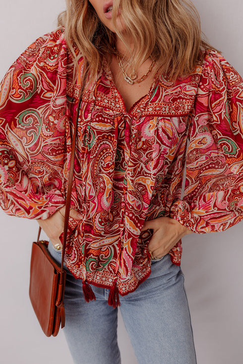 Boho Wanderlust Paisley Puff Sleeve Tassel Tie Blouse