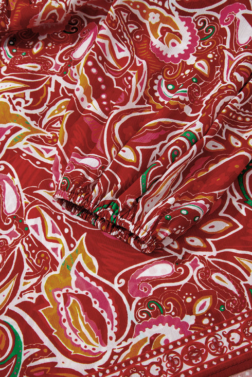 Boho Wanderlust Paisley Puff Sleeve Tassel Tie Blouse