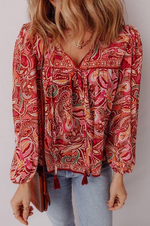 Boho Wanderlust Paisley Puff Sleeve Tassel Tie Blouse