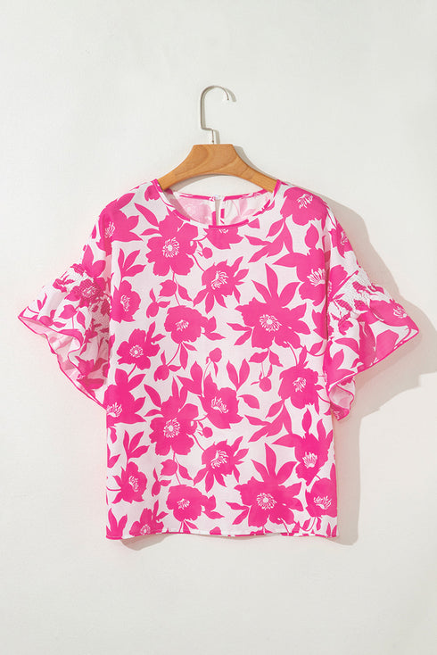 Bold Botanical Floral Print Smocked Ruffle Sleeve Round Neck Top