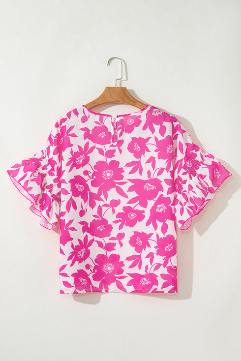 Bold Botanical Floral Print Smocked Ruffle Sleeve Round Neck Top