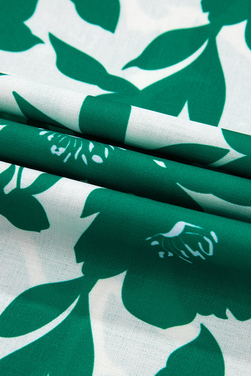 Bold Botanical Floral Print Smocked Ruffle Sleeve Round Neck Top