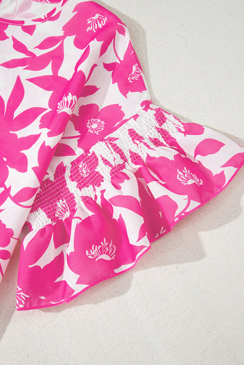 Bold Botanical Floral Print Smocked Ruffle Sleeve Round Neck Top