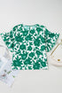 Bold Botanical Floral Print Smocked Ruffle Sleeve Round Neck Top