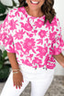 Bold Botanical Floral Print Smocked Ruffle Sleeve Round Neck Top