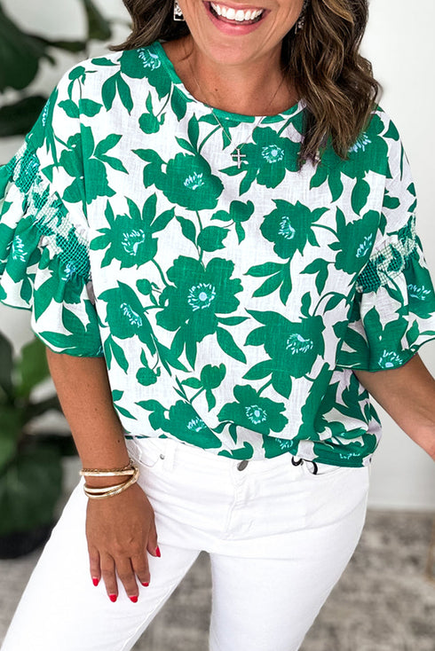 Bold Botanical Floral Print Smocked Ruffle Sleeve Round Neck Top