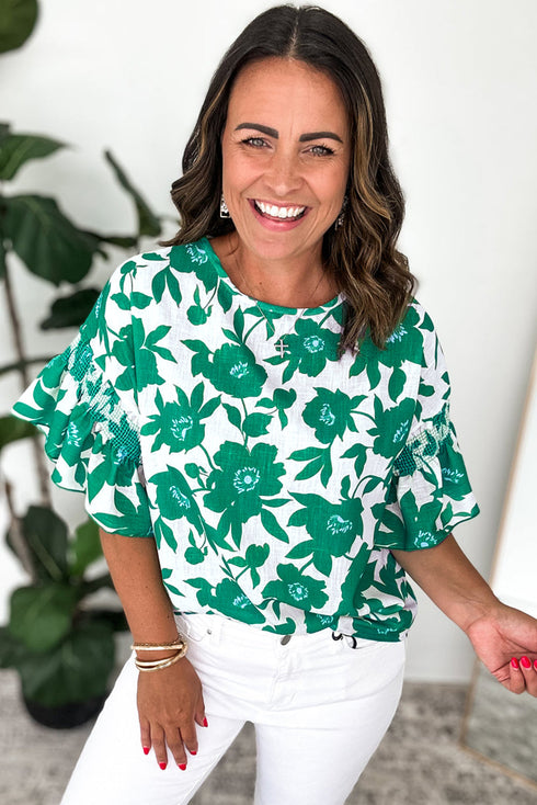 Bold Botanical Floral Print Smocked Ruffle Sleeve Round Neck Top