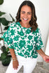 Bold Botanical Floral Print Smocked Ruffle Sleeve Round Neck Top