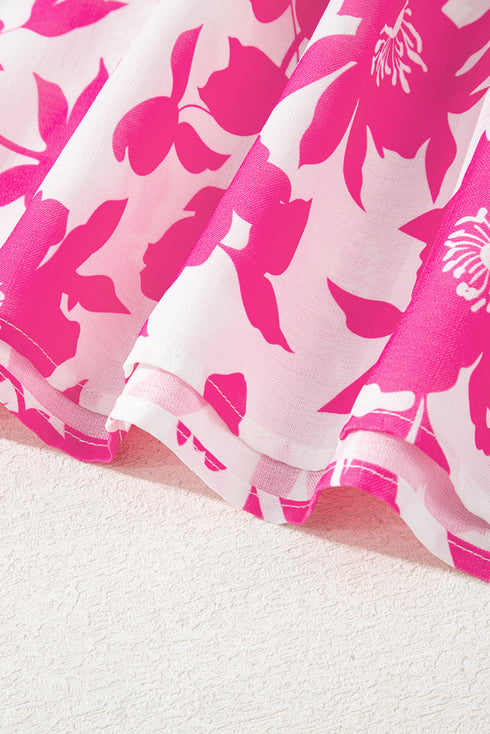 Bold Botanical Floral Print Smocked Ruffle Sleeve Round Neck Top