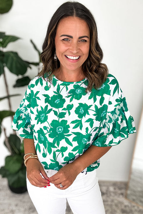 Bold Botanical Floral Print Smocked Ruffle Sleeve Round Neck Top