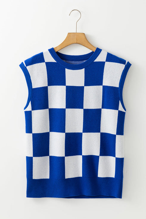 Bold Checkerboard Knit Crew Neck Sweater Vest
