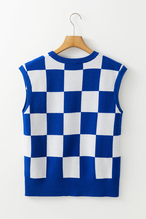 Bold Checkerboard Knit Crew Neck Sweater Vest