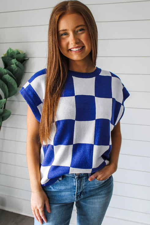 Bold Checkerboard Knit Crew Neck Sweater Vest