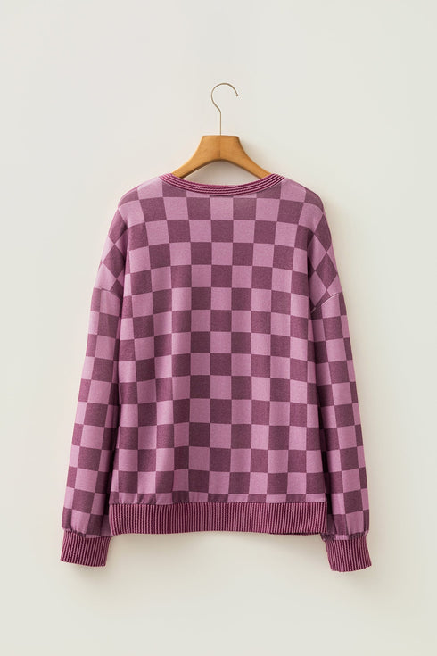 Bold Checkerboard Print Ribbed Trim Pullover Top