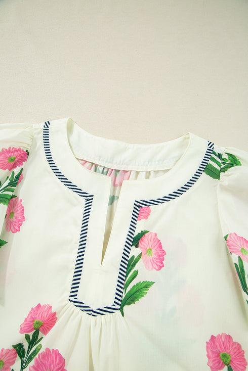 Bold Floral Embroidered Puff Sleeve Contrast Trim Tunic Mini Dress