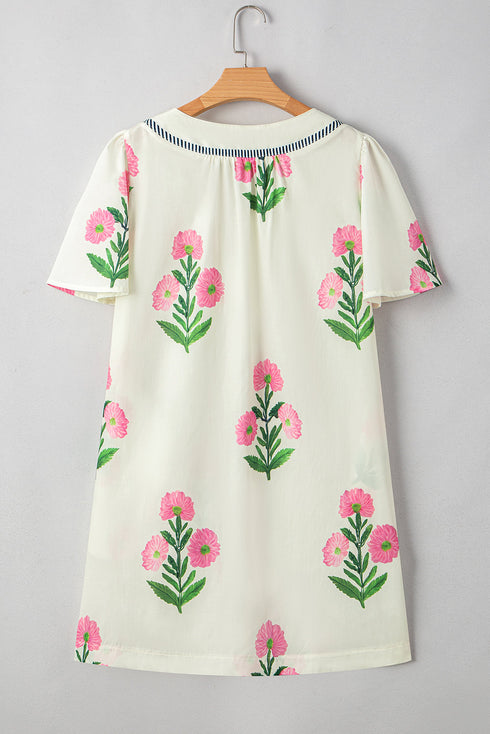 Bold Floral Embroidered Puff Sleeve Contrast Trim Tunic Mini Dress