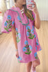 Bold Floral Embroidered Puff Sleeve Contrast Trim Tunic Mini Dress