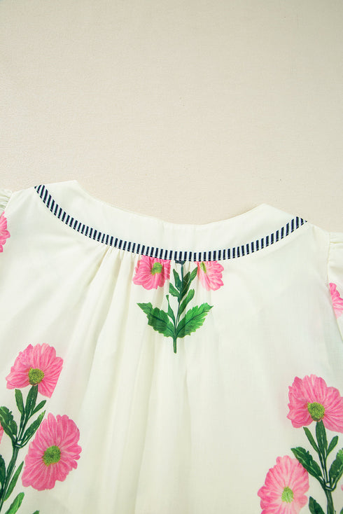 Bold Floral Embroidered Puff Sleeve Contrast Trim Tunic Mini Dress