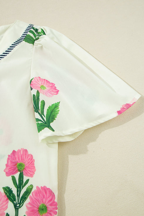 Bold Floral Embroidered Puff Sleeve Contrast Trim Tunic Mini Dress