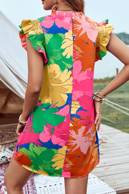 Bold Floral Flutter Sleeve Shift Mini Dress with Pockets
