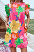 Bold Floral Flutter Sleeve Shift Mini Dress with Pockets