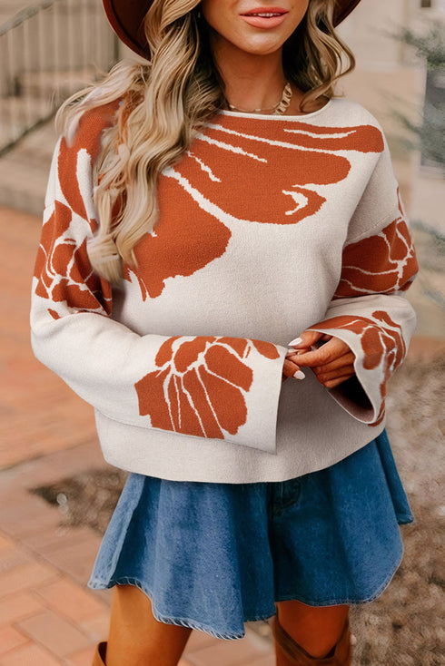 Bold Floral Jacquard Wide Sleeve Crew Neck Sweater