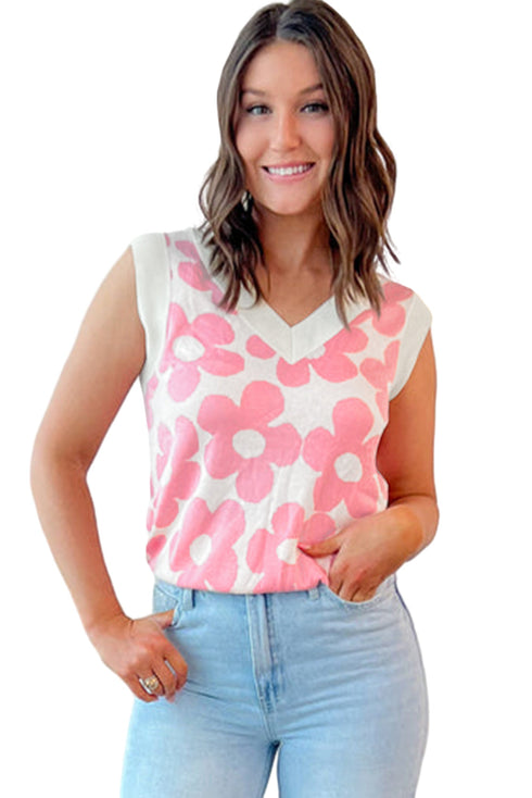 Bold Floral Print Sleeveless V Neck Knit Top