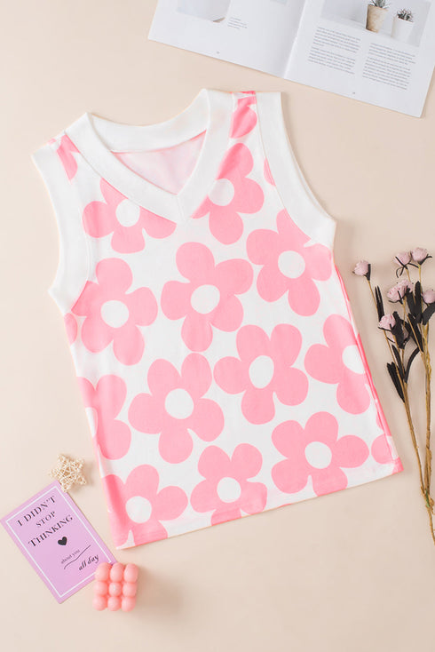 Bold Floral Print Sleeveless V Neck Knit Top
