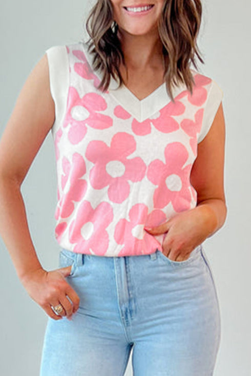 Bold Floral Print Sleeveless V Neck Knit Top