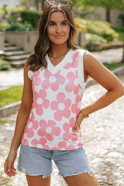Bold Floral Print Sleeveless V Neck Knit Top
