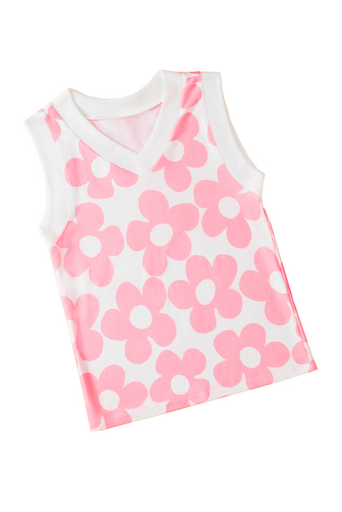 Bold Floral Print Sleeveless V Neck Knit Top