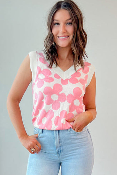 Bold Floral Print Sleeveless V Neck Knit Top