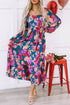 Bold Floral Print Square Neck Balloon Sleeve Midi Dress