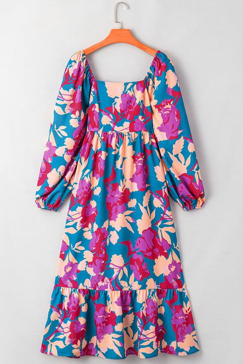 Bold Floral Print Square Neck Balloon Sleeve Midi Dress