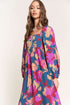 Bold Floral Print Square Neck Balloon Sleeve Midi Dress