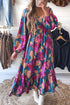 Bold Floral Print Square Neck Balloon Sleeve Midi Dress