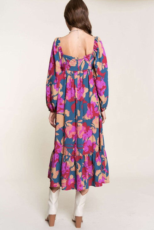 Bold Floral Print Square Neck Balloon Sleeve Midi Dress