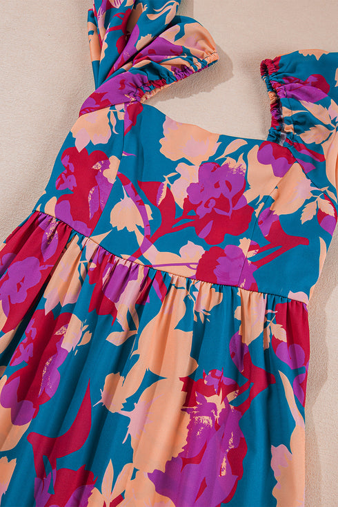 Bold Floral Print Square Neck Balloon Sleeve Midi Dress