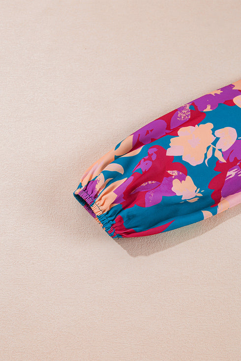 Bold Floral Print Square Neck Balloon Sleeve Midi Dress