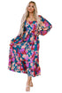 Bold Floral Print Square Neck Balloon Sleeve Midi Dress