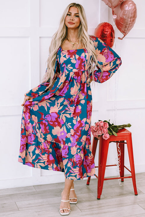 Bold Floral Print Square Neck Balloon Sleeve Midi Dress