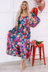 Bold Floral Print Square Neck Balloon Sleeve Midi Dress