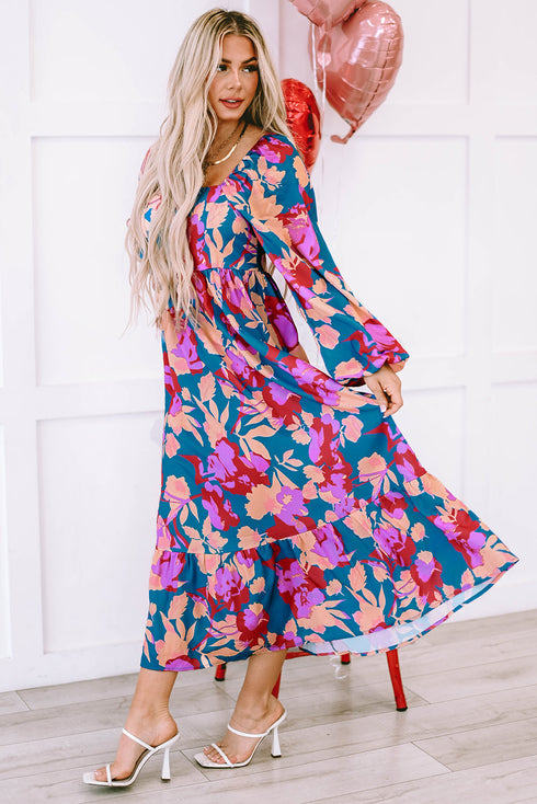 Bold Floral Print Square Neck Balloon Sleeve Midi Dress