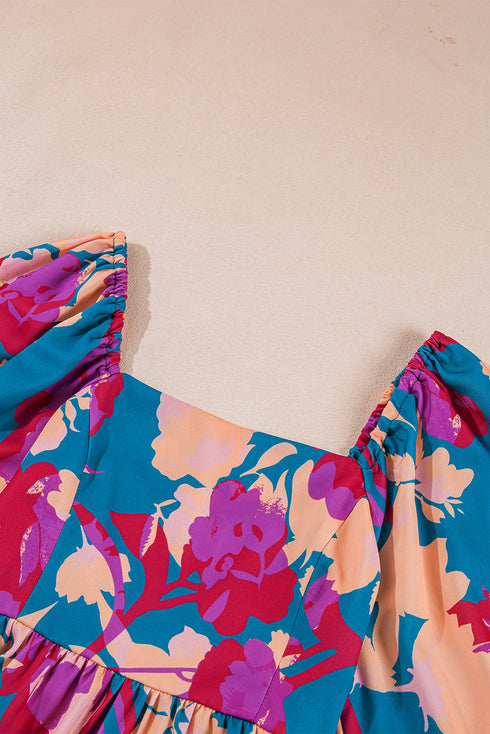 Bold Floral Print Square Neck Balloon Sleeve Midi Dress