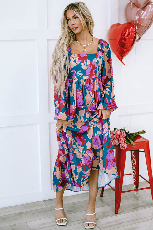 Bold Floral Print Square Neck Balloon Sleeve Midi Dress