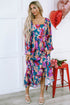 Bold Floral Print Square Neck Balloon Sleeve Midi Dress