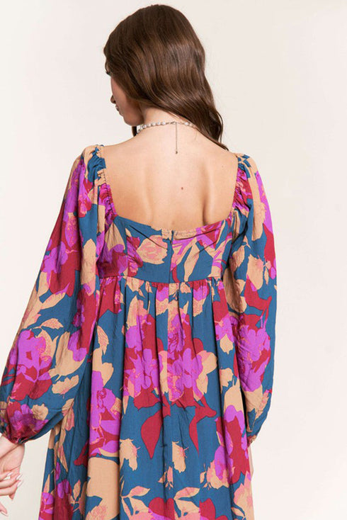 Bold Floral Print Square Neck Balloon Sleeve Midi Dress
